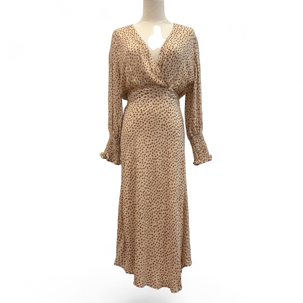 Aura Long Sleeve Dress | Floral | Size S | Wrap Top | Cream, Tan, & Black | NWT